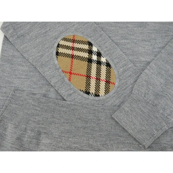 $830 BURBERRY BEMPTON GRAY MERINO WOOL ELBOW CHECK PATCHES PULLOVER SWEATER S